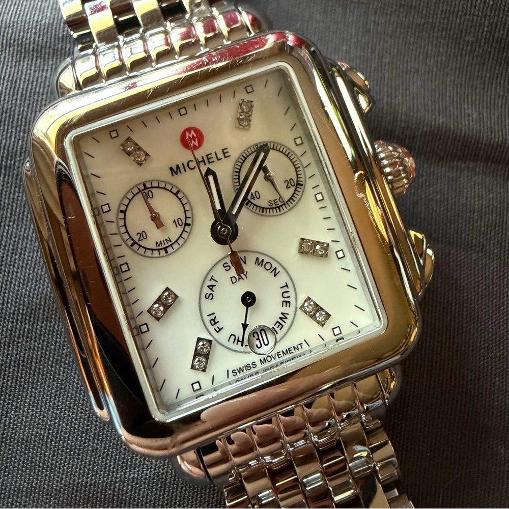 Michele Silver and White Deco Diamond Chronograph Watch